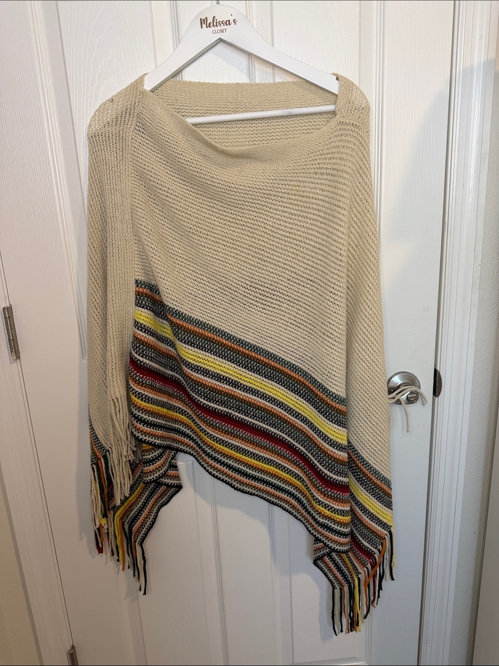 LVS Collection Boho Striped Knit Fringe Poncho/shawl Sweater - One Size